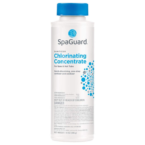 SpaGuard Chlorinating Concentrate dissolving in spa water for rapid sanitizing