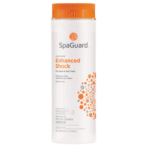 SpaGuard Enhanced Shock 2lb pack showing multipurpose spa treatment and quick results.