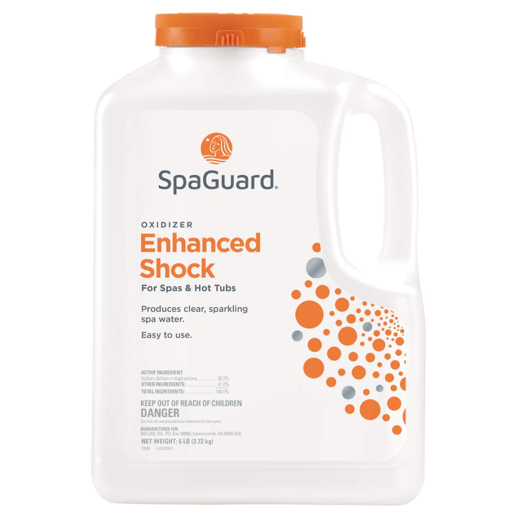 SpaGuard Enhanced Shock application shot illustrating rapid spa water treatment for contaminant removal.