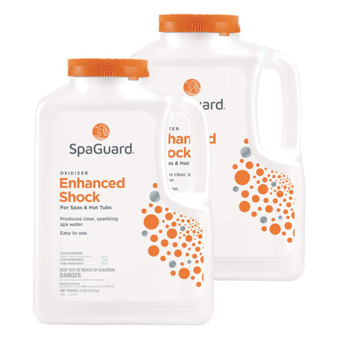 SpaGuard Enhanced Shock bottle closeup showing the 6 lb pack ready to treat spa water for clarity.