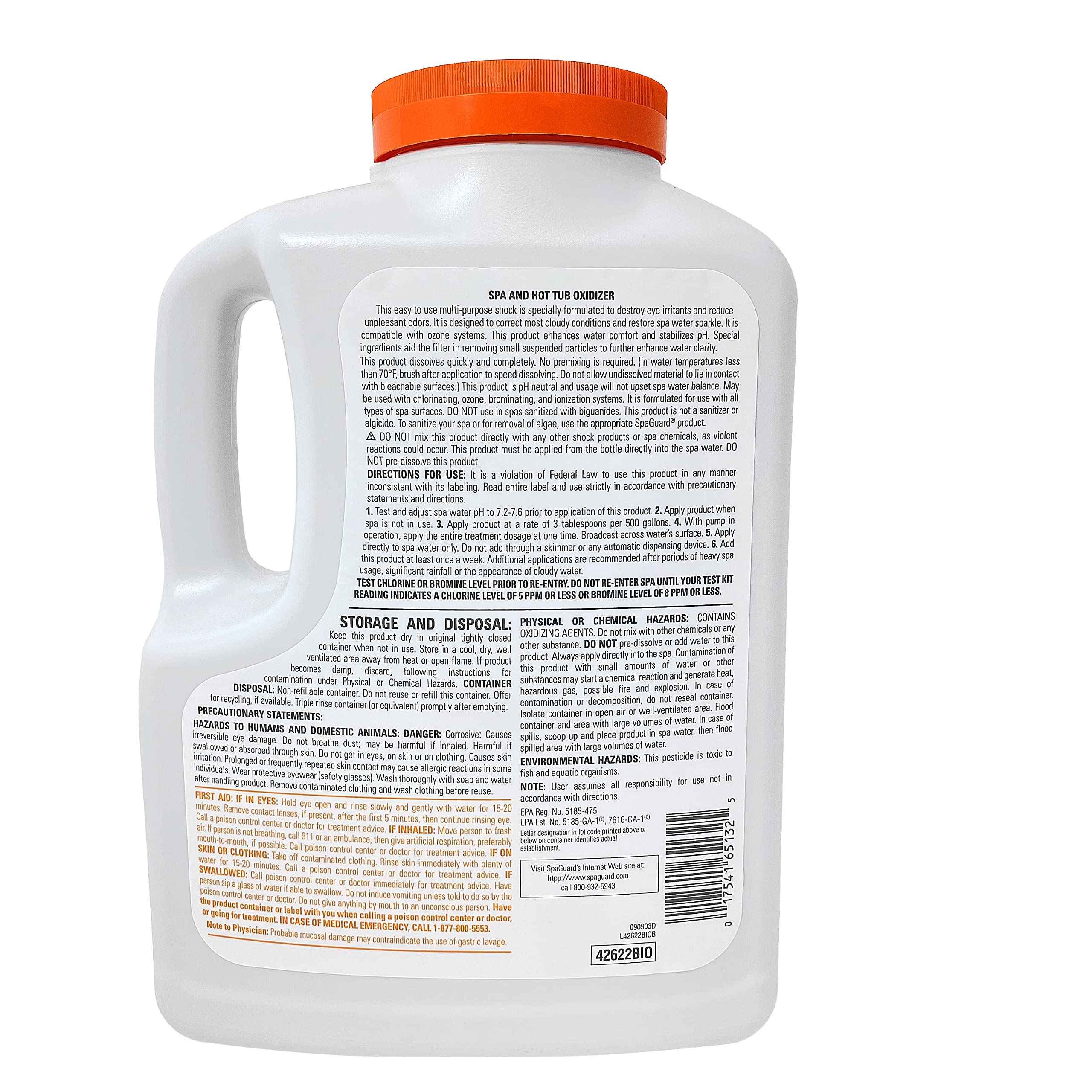 SpaGuard Enhanced Shock packaging beside a filter to highlight the clarifier action.