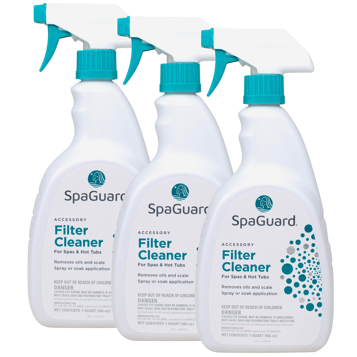 SpaGuard filter cleaner visibly dissolving oils and scale on a spa filter for clearer water