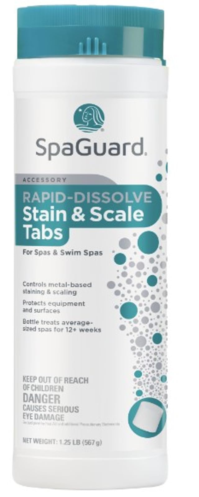 SpaGuard rapid-dissolve stain and scale tabs product image for easy spa maintenance.