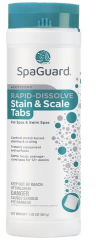 SpaGuard rapid-dissolve stain and scale tabs product image for easy spa maintenance.