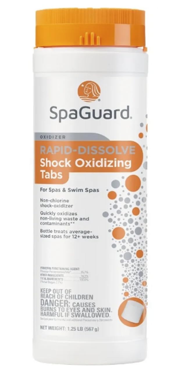 SpaGuard rapid-dissolve tabs bottle demonstrates fast oxidation for clear spa water