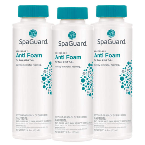 SpaGuard Spa Anti-Foam bottle pouring into spa water to curb foam