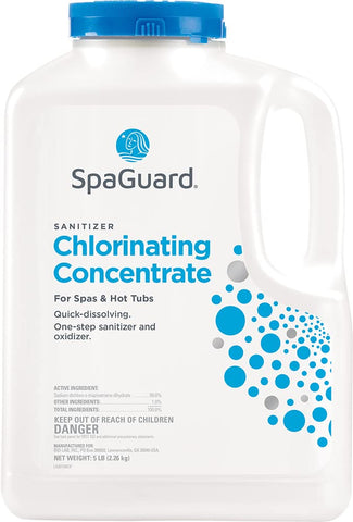 SpaGuard Spa Chlorinating Concentrate bottle dissolving quickly for spa sanitation