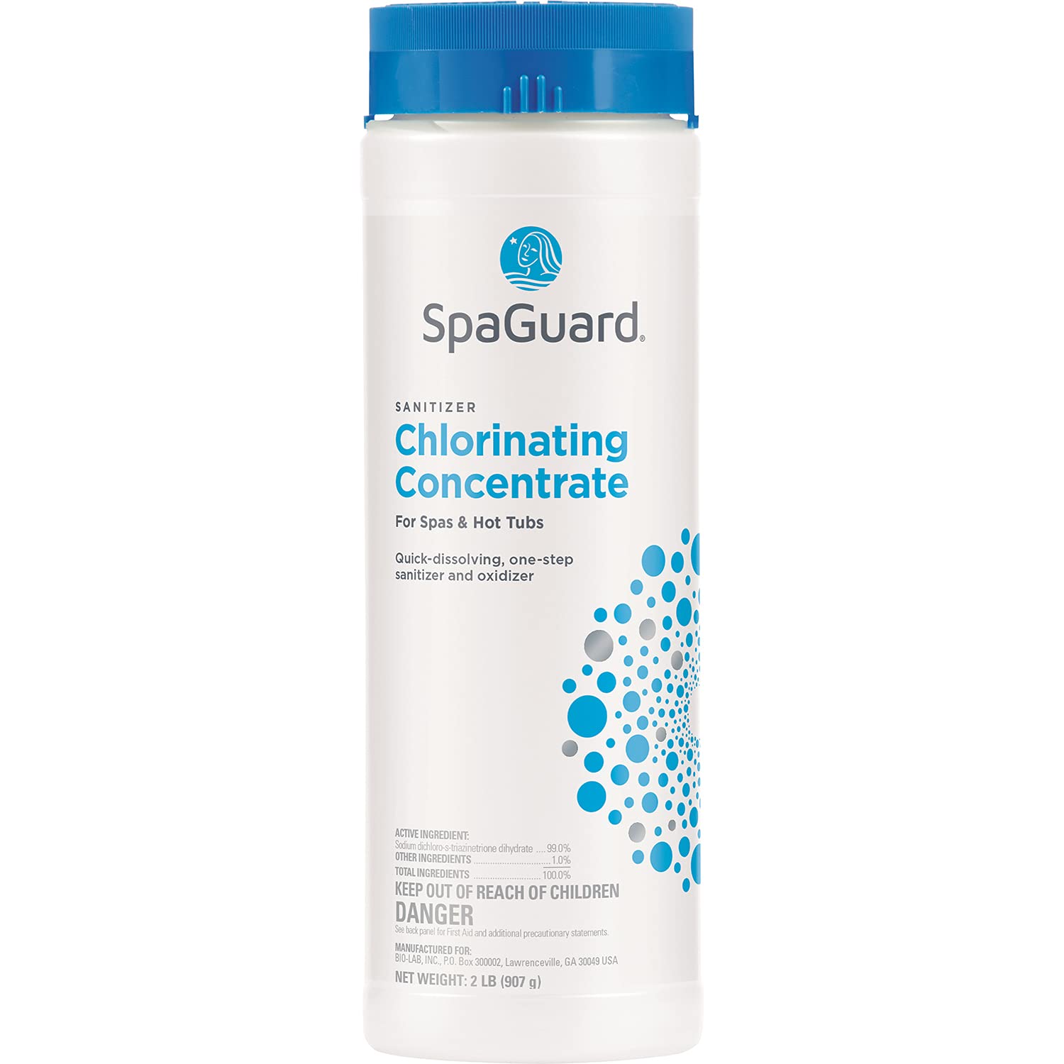 SpaGuard Spa Chlorinating Concentrate being poured to sanitize spa water quickly.