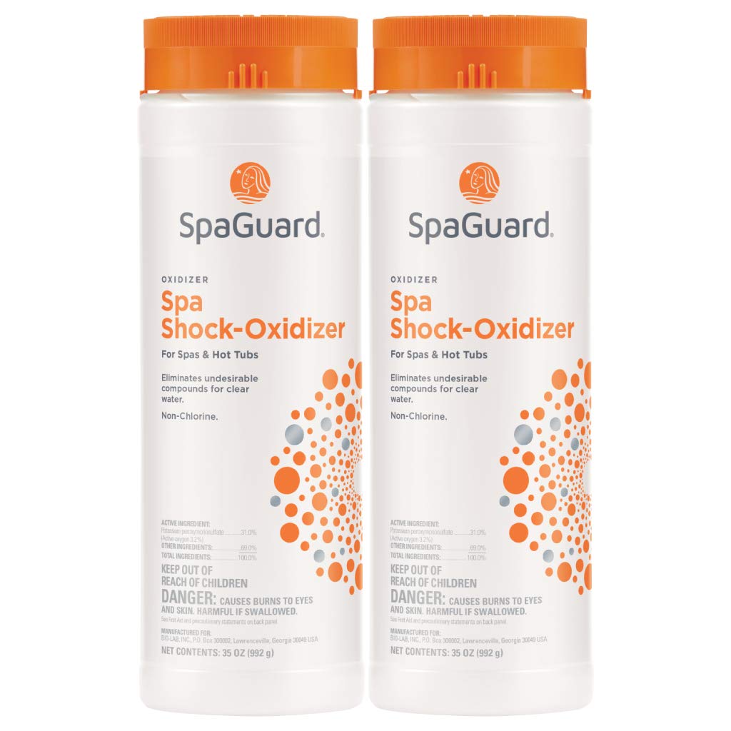 SpaGuard Spa Shock bottle close-up, fast-dissolving oxidizer for clear, balanced spa water.