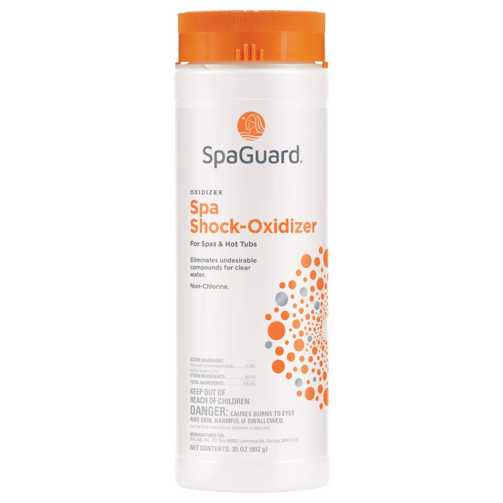 SpaGuard Spa Shock packaging on display, non-chlorine oxidizer ideal before spa use.
