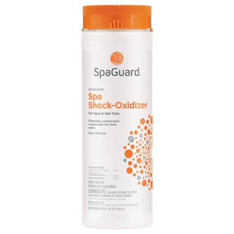 SpaGuard Spa Shock packaging on display, non-chlorine oxidizer ideal before spa use.
