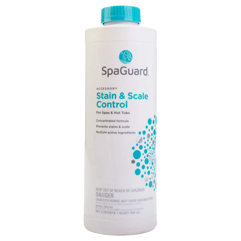 SpaGuard Spa Stain & Scale Control bottle pour protects spa surfaces from calcium scale buildup