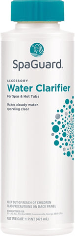 SpaGuard Spa Water Clarifier bottle pouring into a spa to promote clearer water