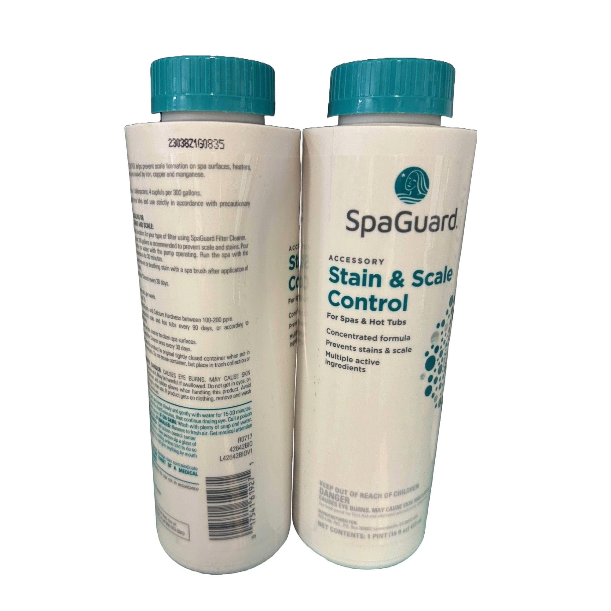 SpaGuard stain and scale control bottle pour illustrates easy dispensing for dosing.