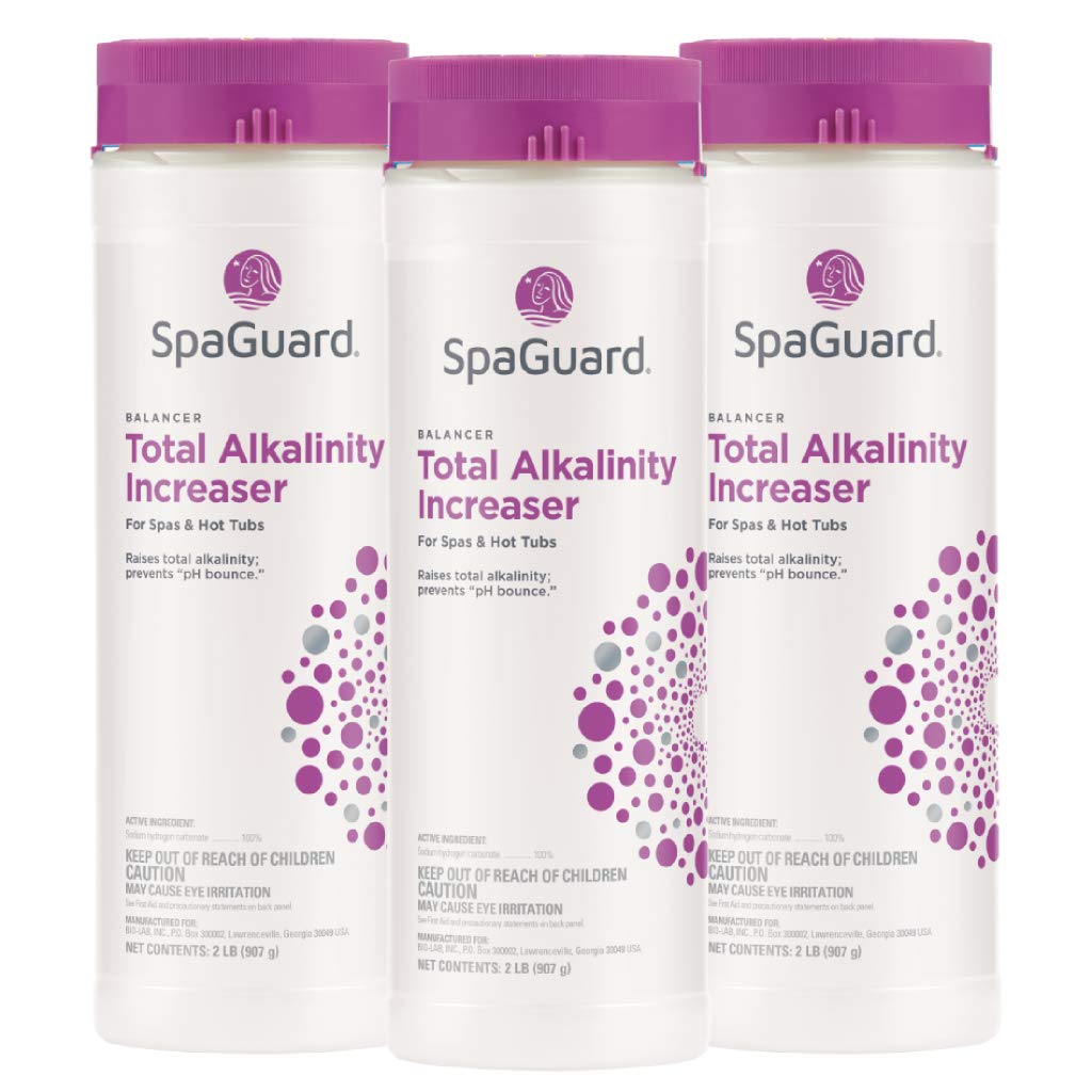 SpaGuard Total Alkalinity Increaser bottle with measurement markings for balanced spa water.