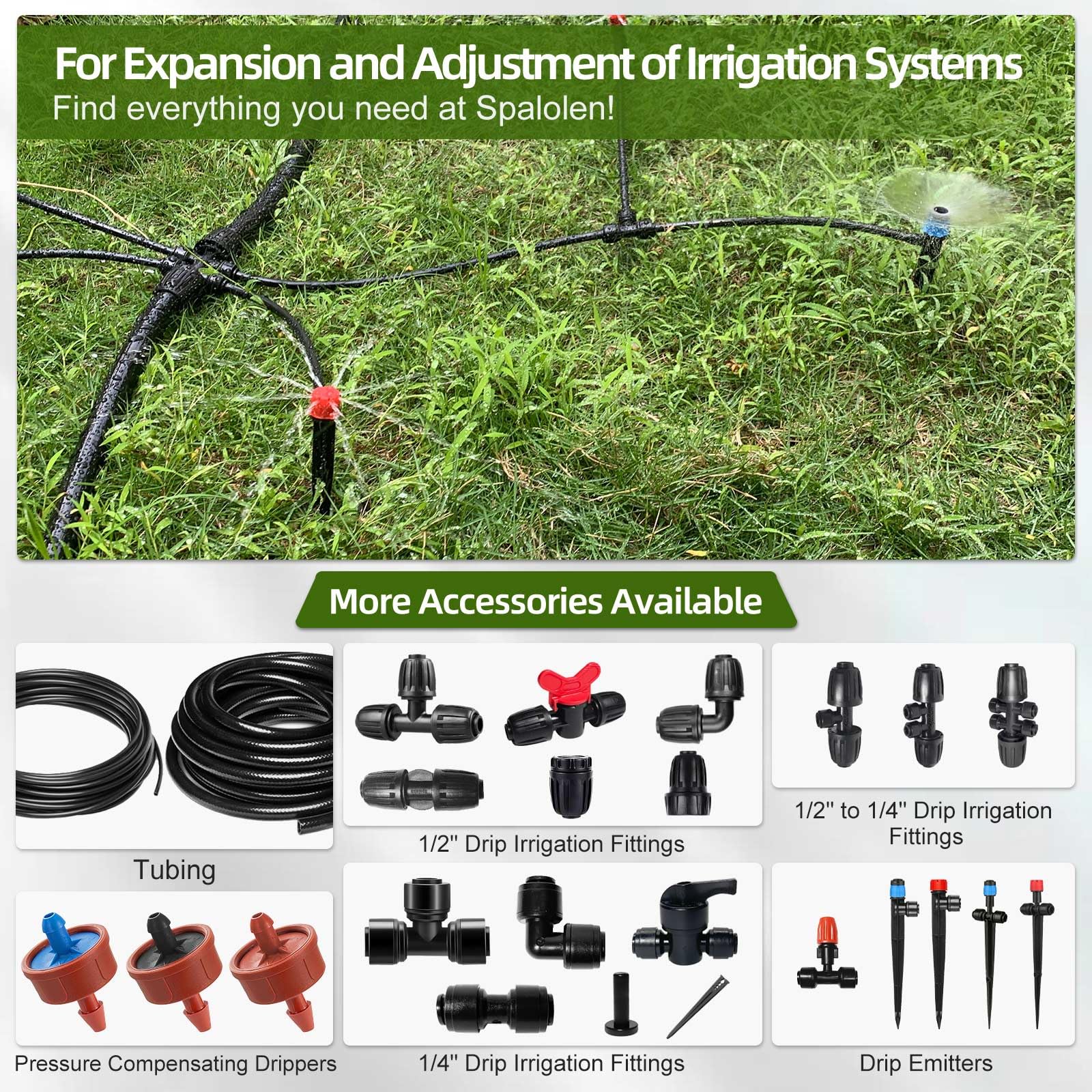 Spalolen scalable irrigation system for growing plant groups.