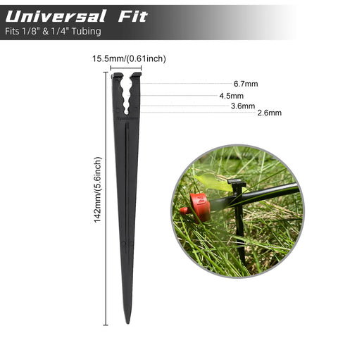 Spalolen drip stakes provide universal fit for 1/8 to 1/4 inch tubing.