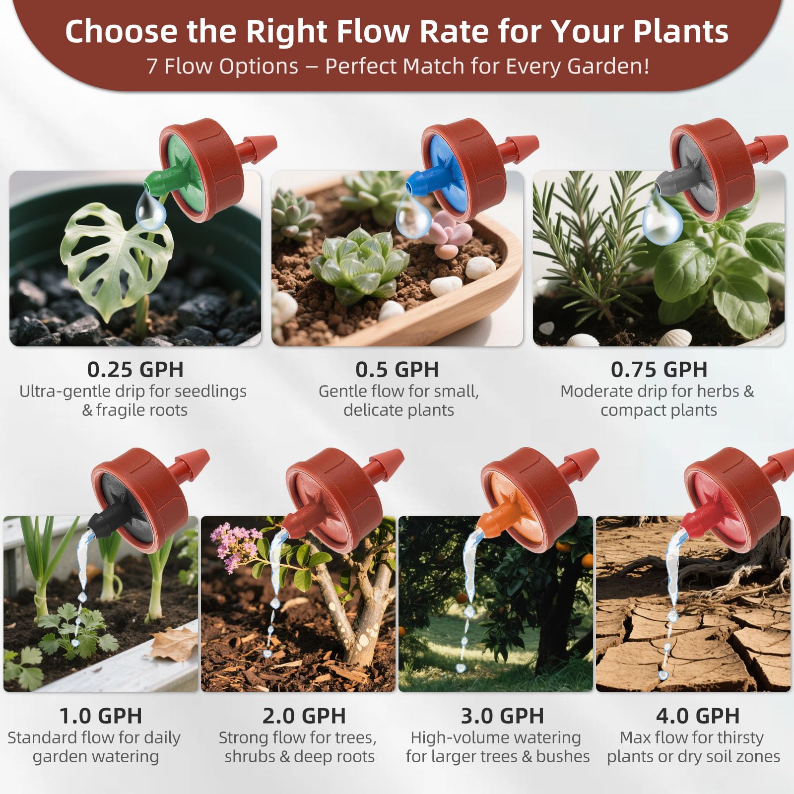 Multiple flow options let you tailor watering to plant types.