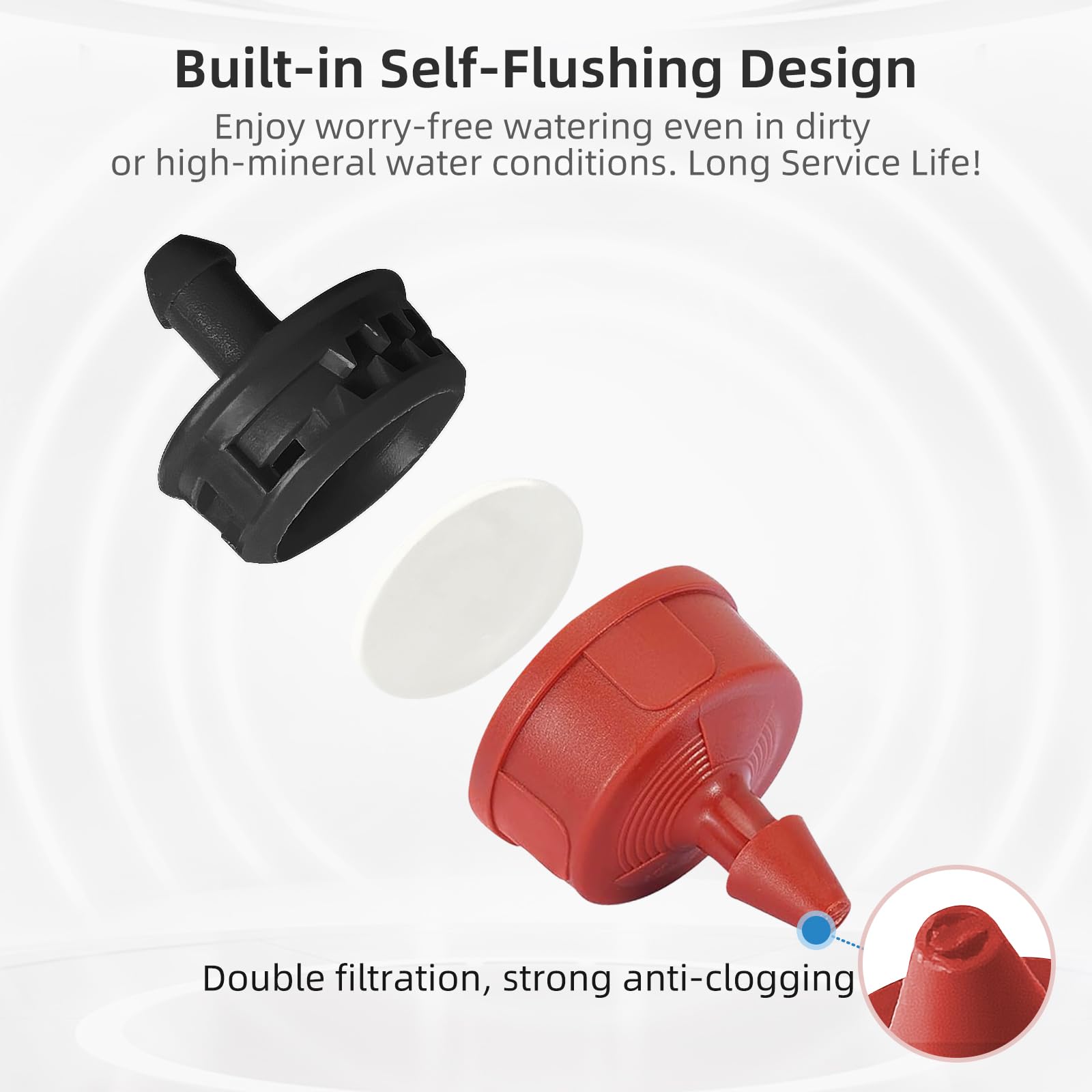 Spalolen self-cleaning emitter keeps flow smooth by flushing debris.