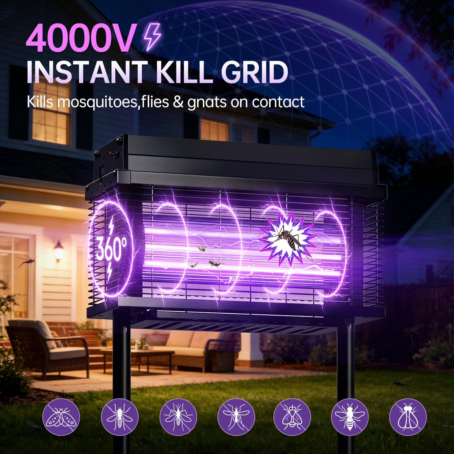 Spansol Solar Bug Zapper Outdoor 4000V grid targets gnats and small pests.