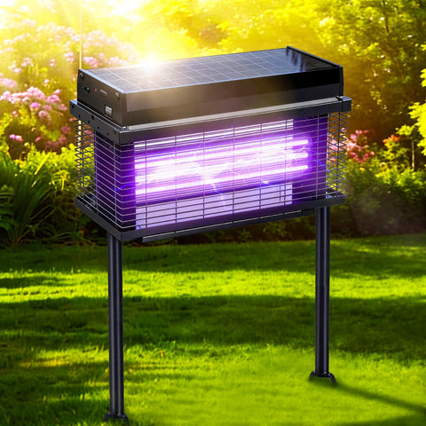 Spansol Solar Bug Zapper Outdoor main view shows wide yard protection with purple UV glow.