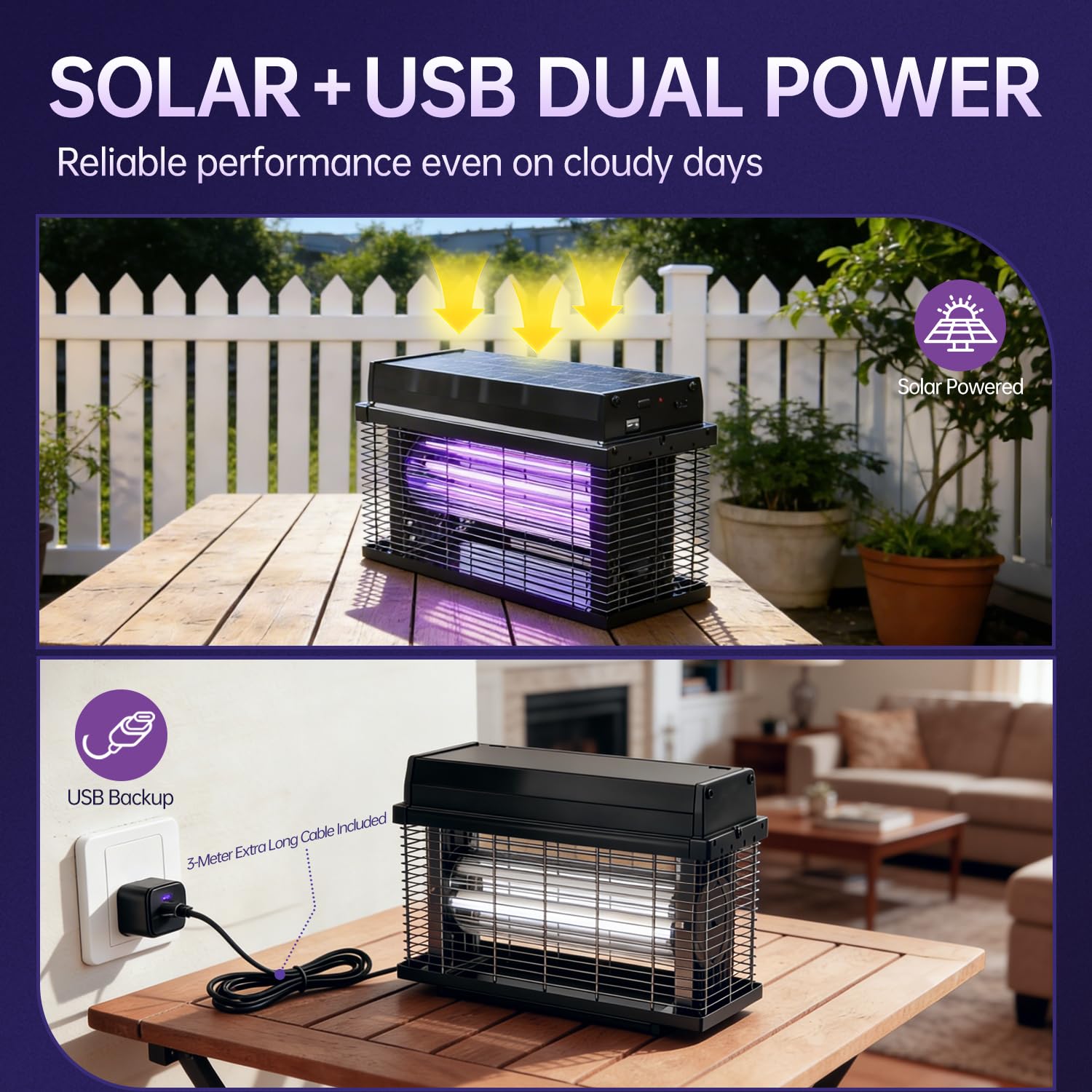 Spansol Solar Bug Zapper Outdoor USB-C charging for quick recharges on cloudy days.