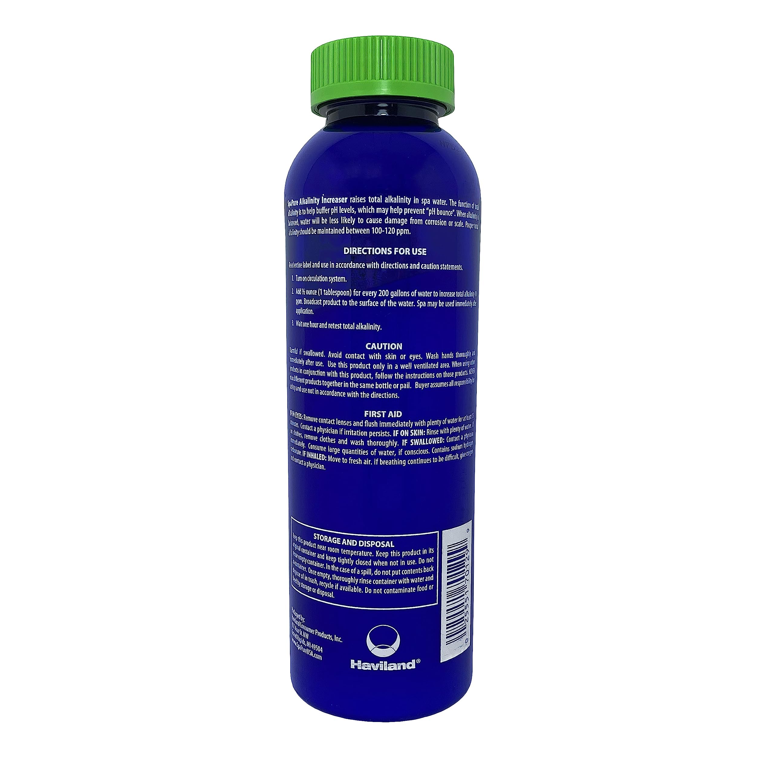 SpaPure Alkalinity Increaser label shows guidance for balanced spa water