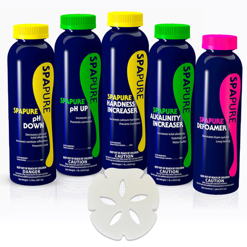 Spapure alkalinity up bottle poured to stabilize spa water pH