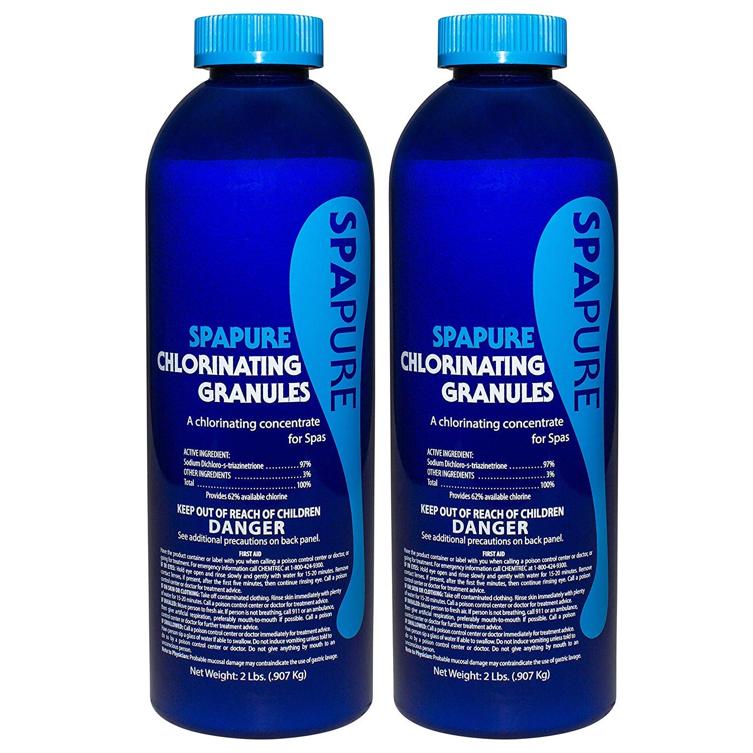 SpaPure chlorinating granules in a 2 lb bottle to help maintain sanitizer levels and water clarity.