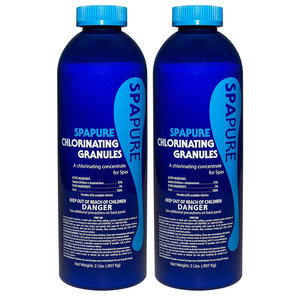 SpaPure chlorinating granules in a 2 lb bottle to help maintain sanitizer levels and water clarity.