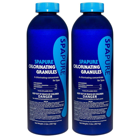 SpaPure chlorinating granules in a 2 lb bottle to help maintain sanitizer levels and water clarity.