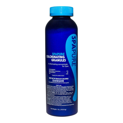 SpaPure Granulated Chlorine bottle ready to sanitize spa water and prevent cloudy water