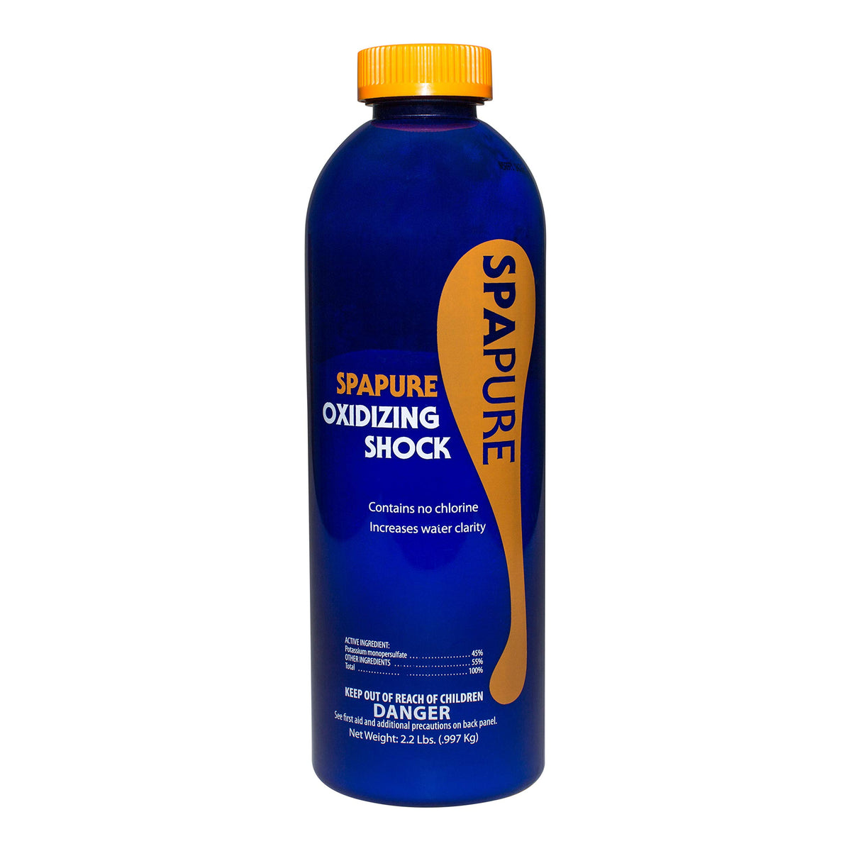 SpaPure Oxidizing Shock bottle pour demonstrates a powerful spa treatment for clear water.