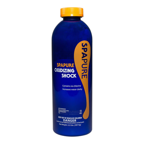 SpaPure Oxidizing Shock bottle pour demonstrates a powerful spa treatment for clear water.