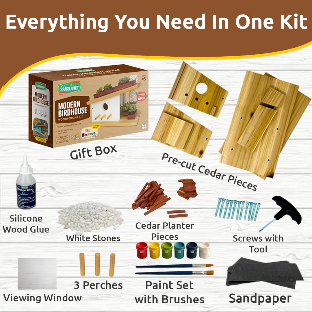 SparkJump Birdhouse Kit parts laid out for precise woodworking session.