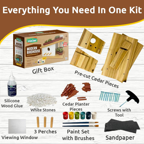 SparkJump Birdhouse Kit parts laid out for precise woodworking session.