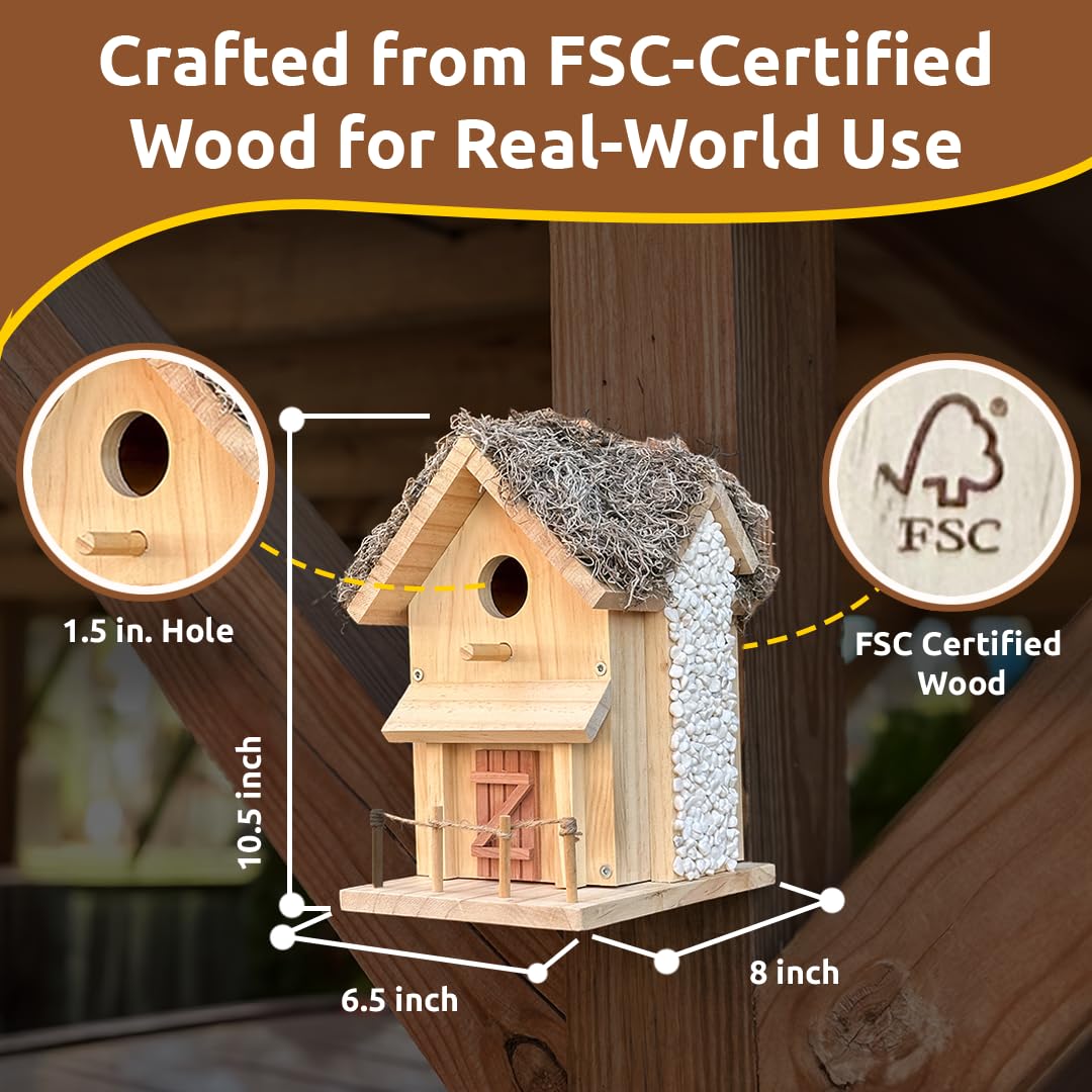 SparkJump Cottage Birdhouse Kit front porch detail invites backyard birds.