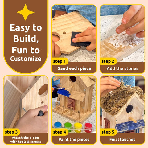 SparkJump Cottage Birdhouse Kit natural stones add cottage charm.