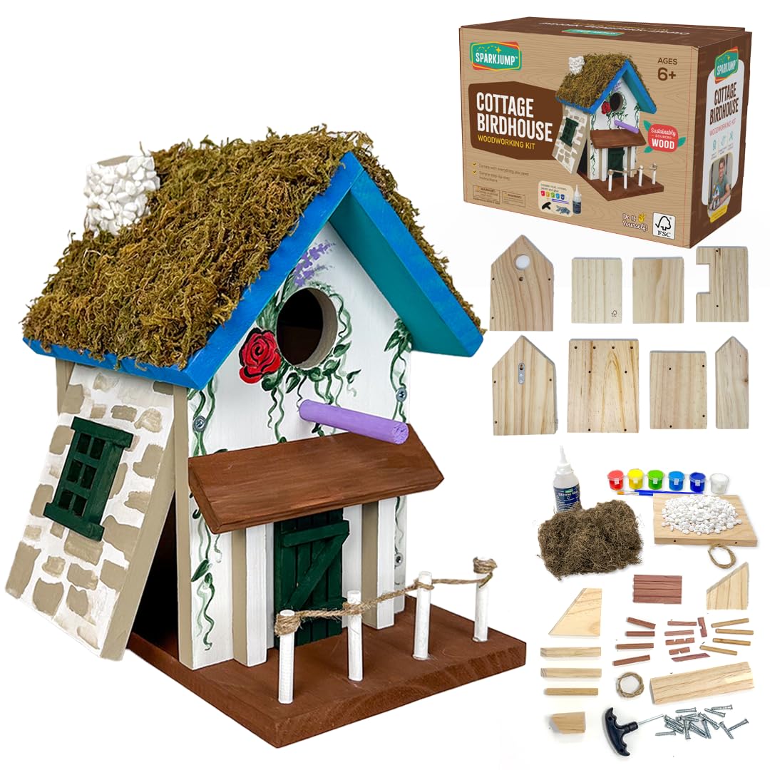 SparkJump Cottage Birdhouse Kit shows premium wood materials for an outdoor-ready project.