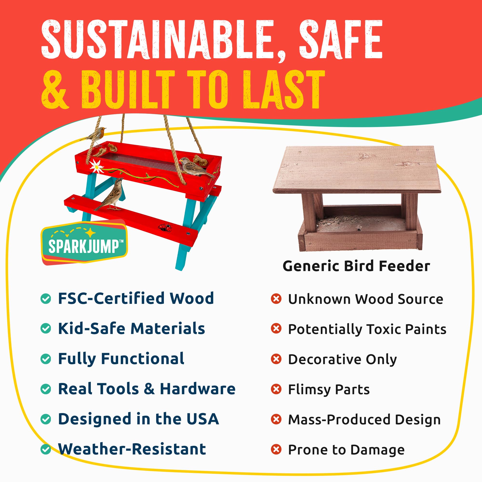 SparkJump FSC-certified wood panel highlights sustainable materials for outdoor use.