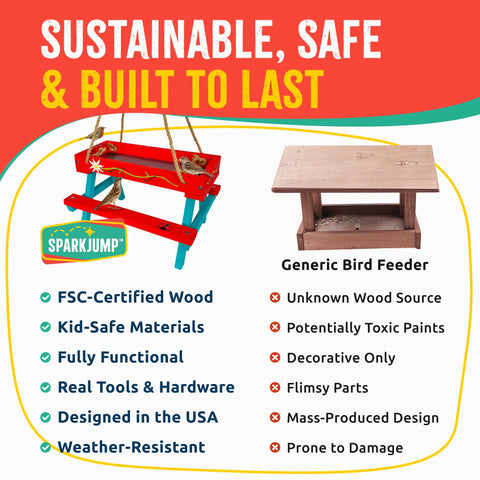 SparkJump FSC-certified wood panel highlights sustainable materials for outdoor use.