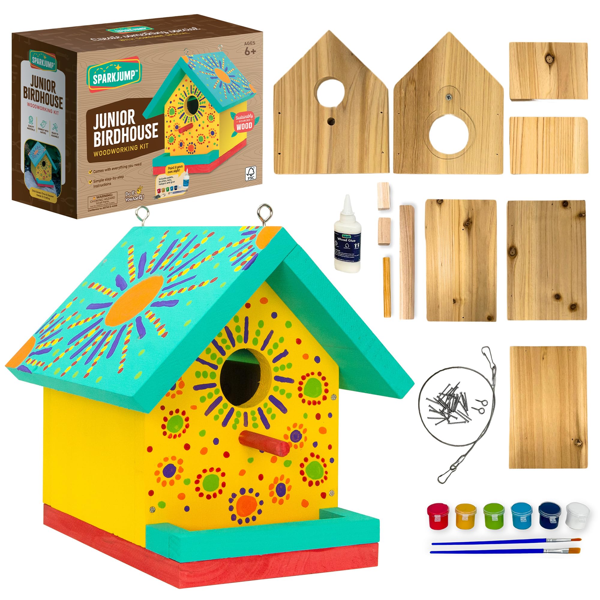 SparkJump Jr birdhouse kit box showing all-in-one supplies for a family project