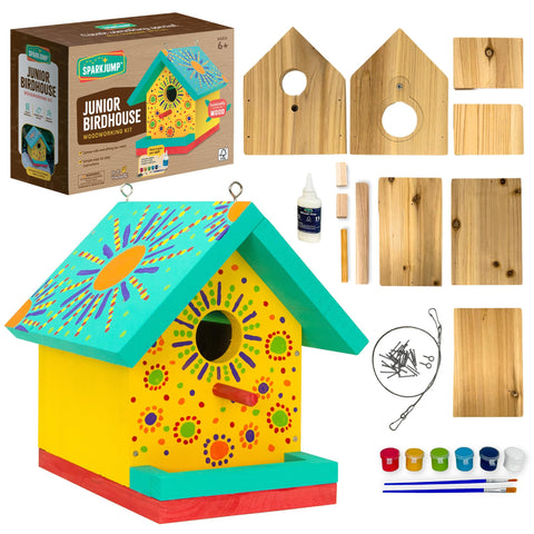 SparkJump Jr birdhouse kit box showing all-in-one supplies for a family project