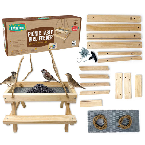 SparkJump Picnic Table Feeder Kit ready for family assembly in the backyard.
