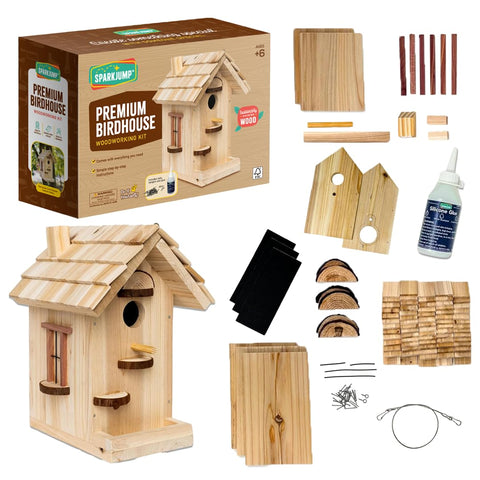 SparkJump Premium wooden birdhouse kit with cedar pieces for family woodworking projects.
