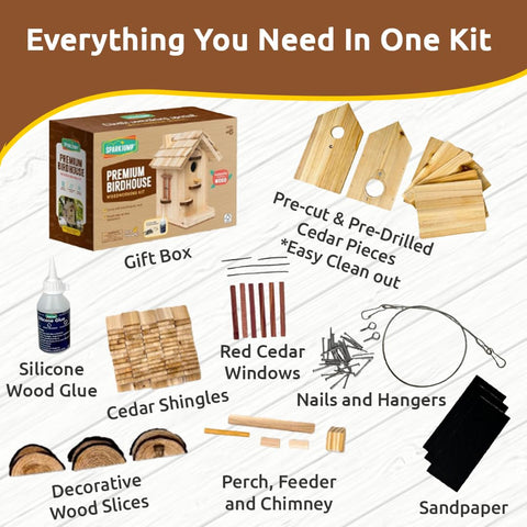 SparkJump cedar shingles provide a weather-ready finish for a backyard birdhouse.