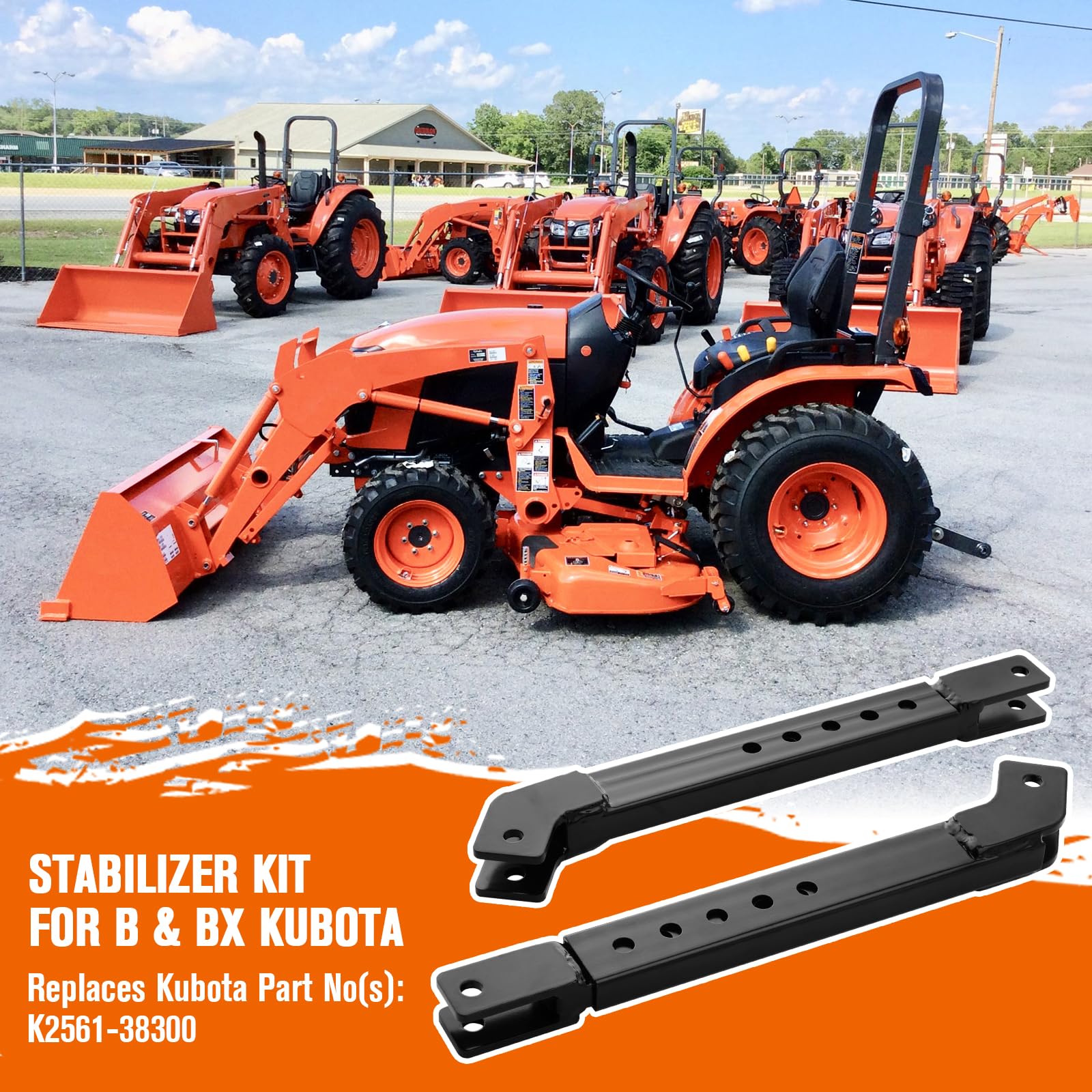 Telescoping stabilizer length adjustment enables faster hookup on Kubota hitch