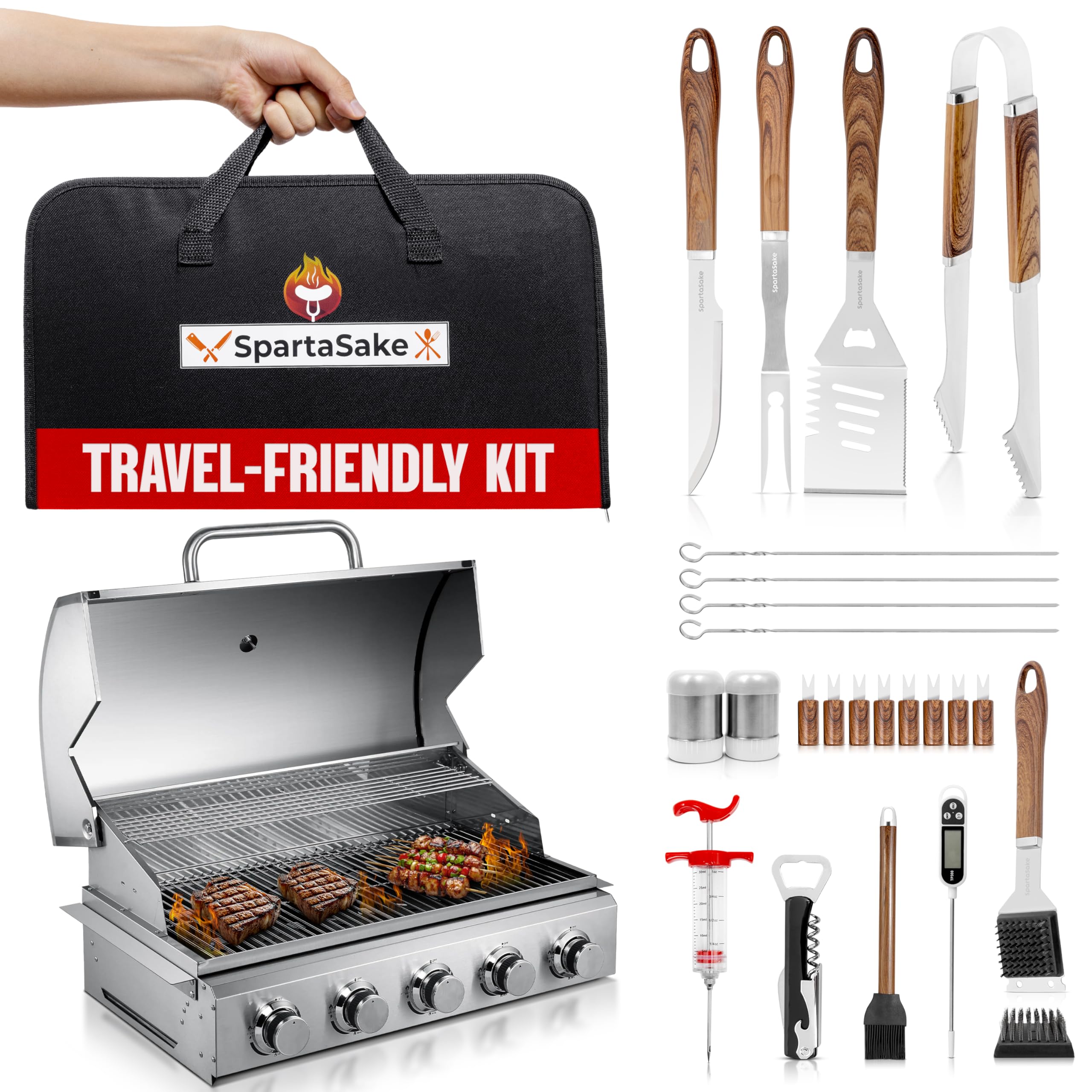 SpartaSake carrying bag keeps tools organized for outdoor cooking.