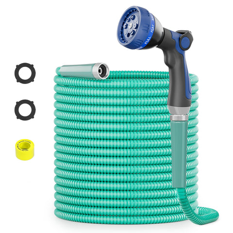 SPECILITE 100ft stainless steel garden hose aqua color for easy outdoor visibility.