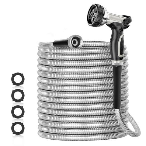 SPECILITE 125ft stainless steel garden hose for durable yard use and reliable water delivery.